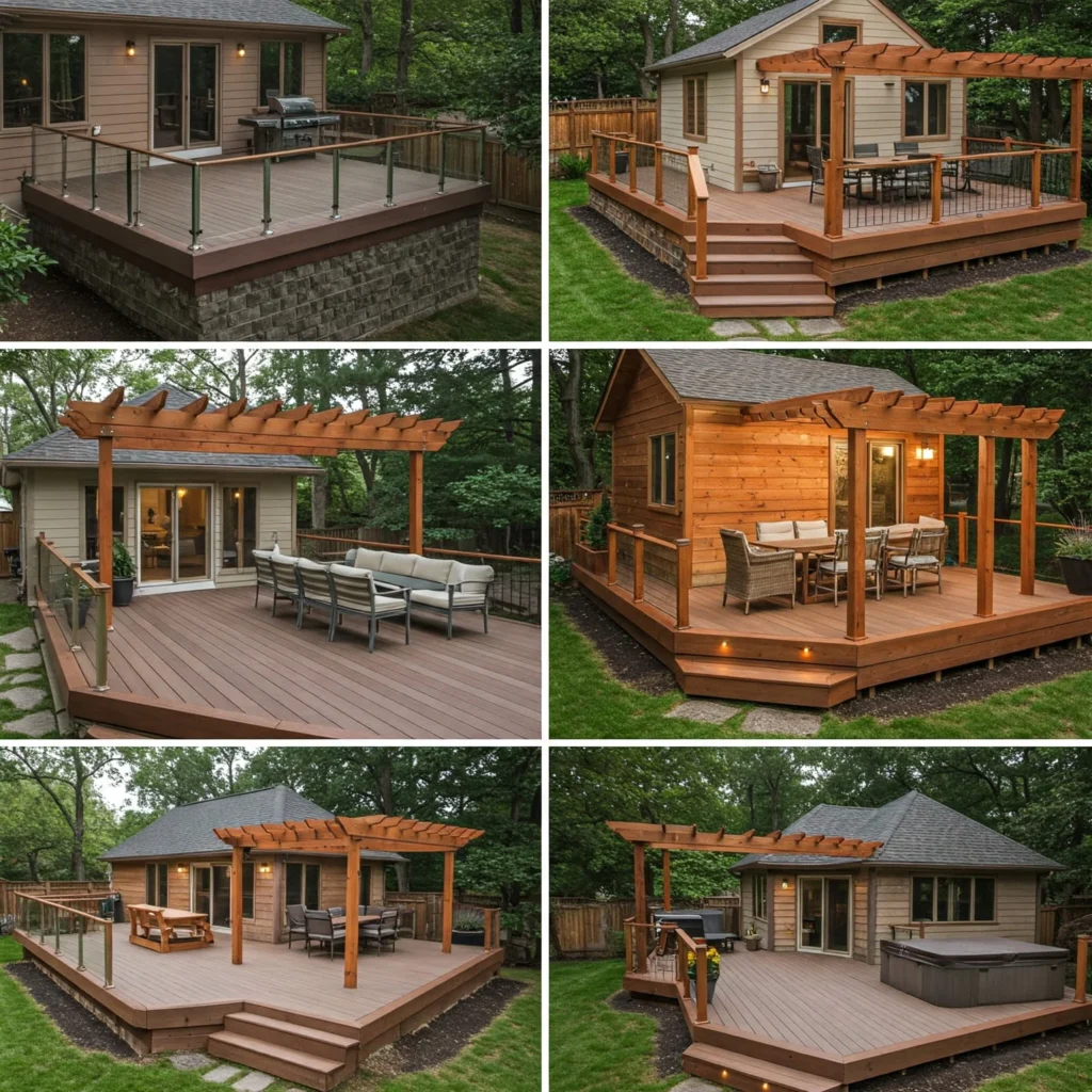 A diverse range of custom deck solutions for various property styles.