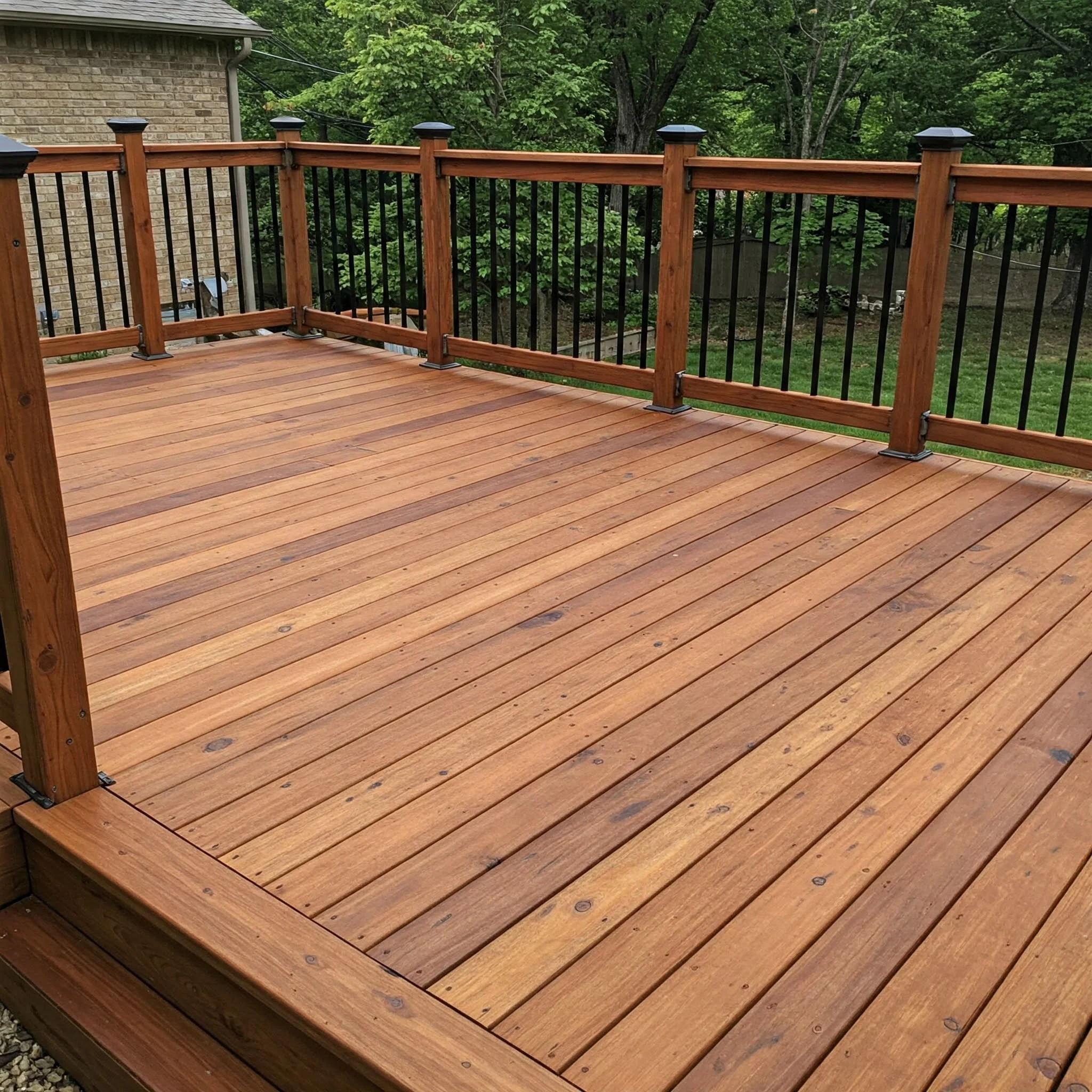 A revitalized wooden deck by Sunshine Decks, featuring new stain, modern railings, and integrated lighting.