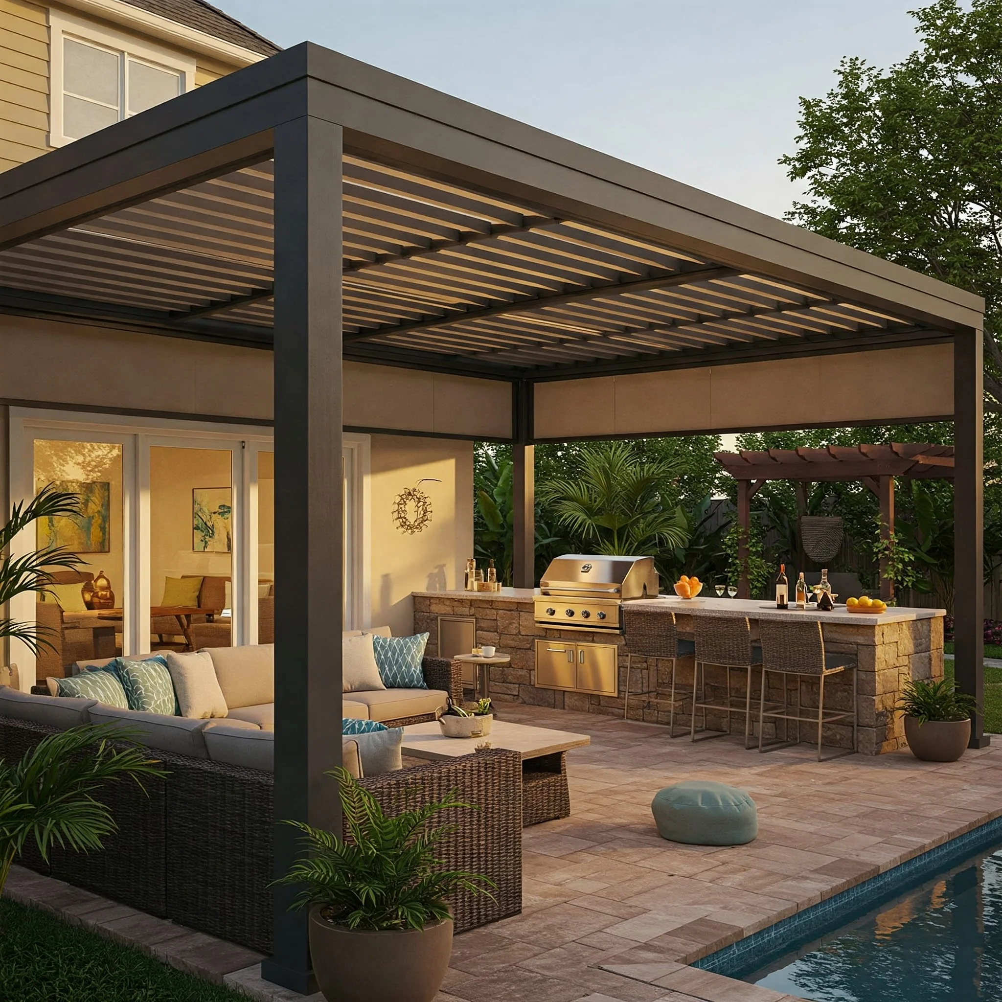 Luxurious Tampa backyard at golden hour features a modern louvered patio cover over a wicker lounge, a sleek outdoor kitchen with a grill, tropical plants, a sparkling pool, and a vine-draped pergola.